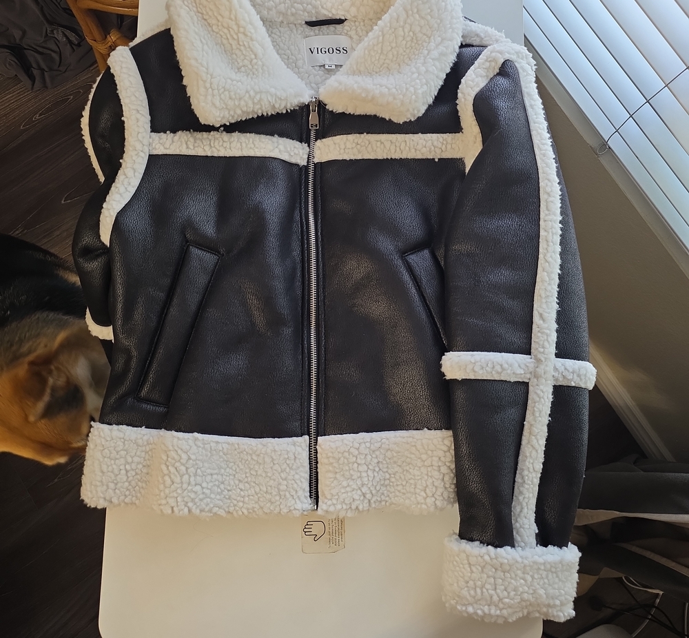 Vigoss Black Faux Leather Jacket with White Sherpa Trim